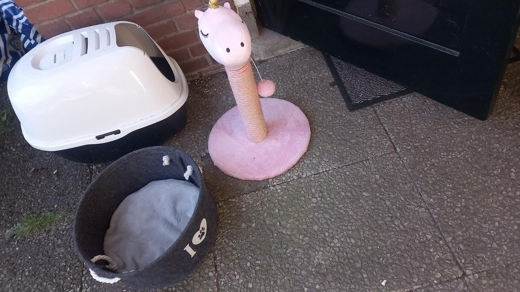 Kattenbak, krabpaal en mandje, Ophalen