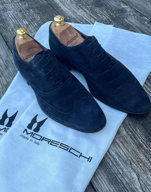 Moreschi navy suede maat 41 / 7 incl. stofzak, Blauw, Ophalen of Verzenden, Zo goed als nieuw, Veterschoenen