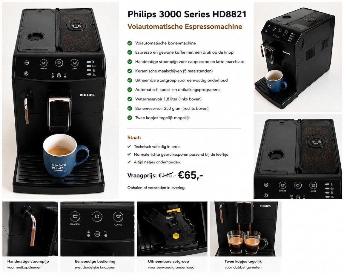 €65,- Philips HD8821 Volautomatische Koffie Espressomachine, Gebruikt, Espresso apparaat, 10 kopjes of meer, Afneembaar waterreservoir