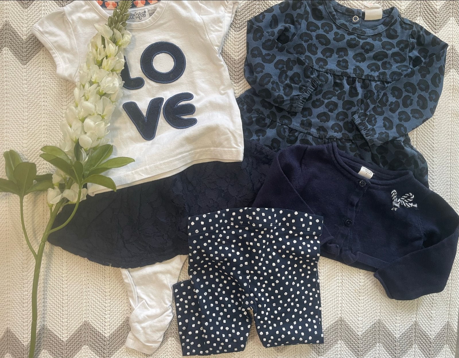 Leuk marineblauw wit herfst babykleding pakket, maatje 62, Ophalen of Verzenden, Gebruikt, Maat 62