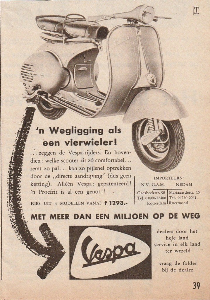 Retro reclame 1957 Vespa brommer goede wegligging, Verzenden, Overige typen