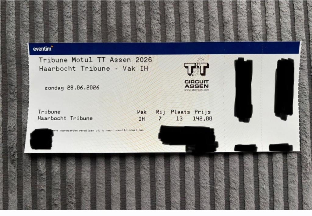 TT Assen, Haarbocht tribune zondag, Tickets en Kaartjes, Eén persoon, Juni