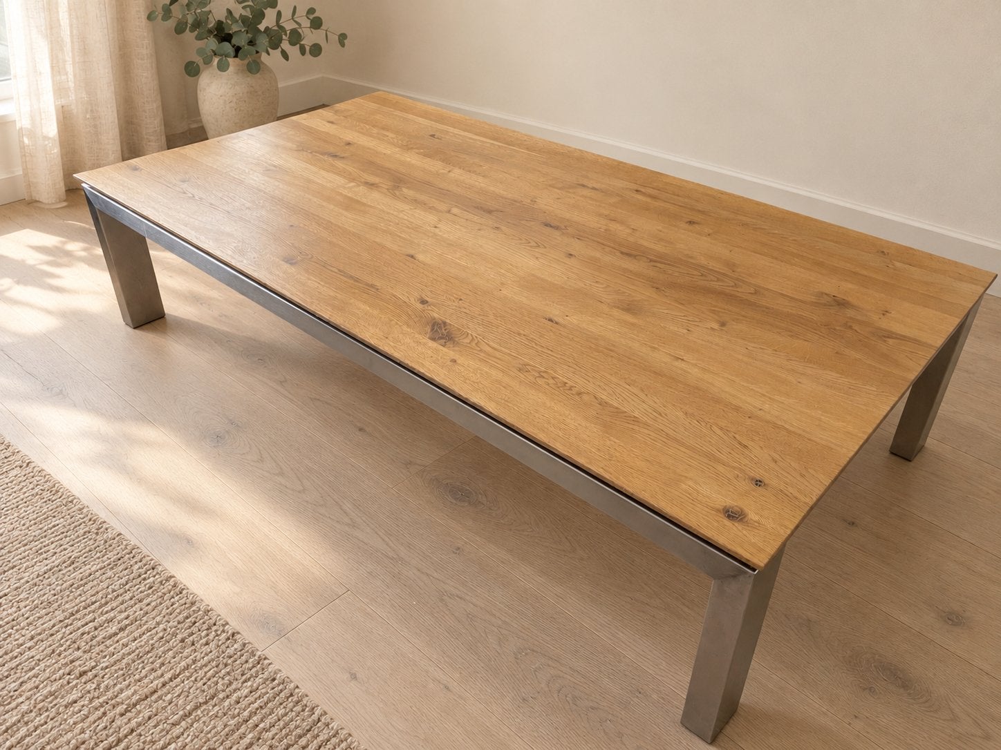 Goossens Switch salontafel 150 x 80 cm – massief eiken & RVS, Ophalen of Verzenden, Zo goed als nieuw, Rechthoekig, 50 tot 100 cm