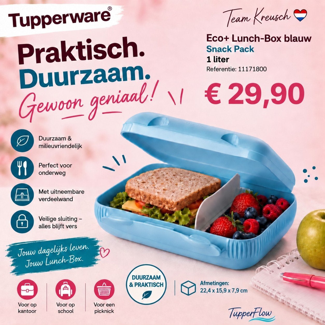Tupperware Snack Pack broodbox lunchdoos met clipsluiting, Huis en Inrichting, Ophalen of Verzenden, Nieuw, Bewaardoos