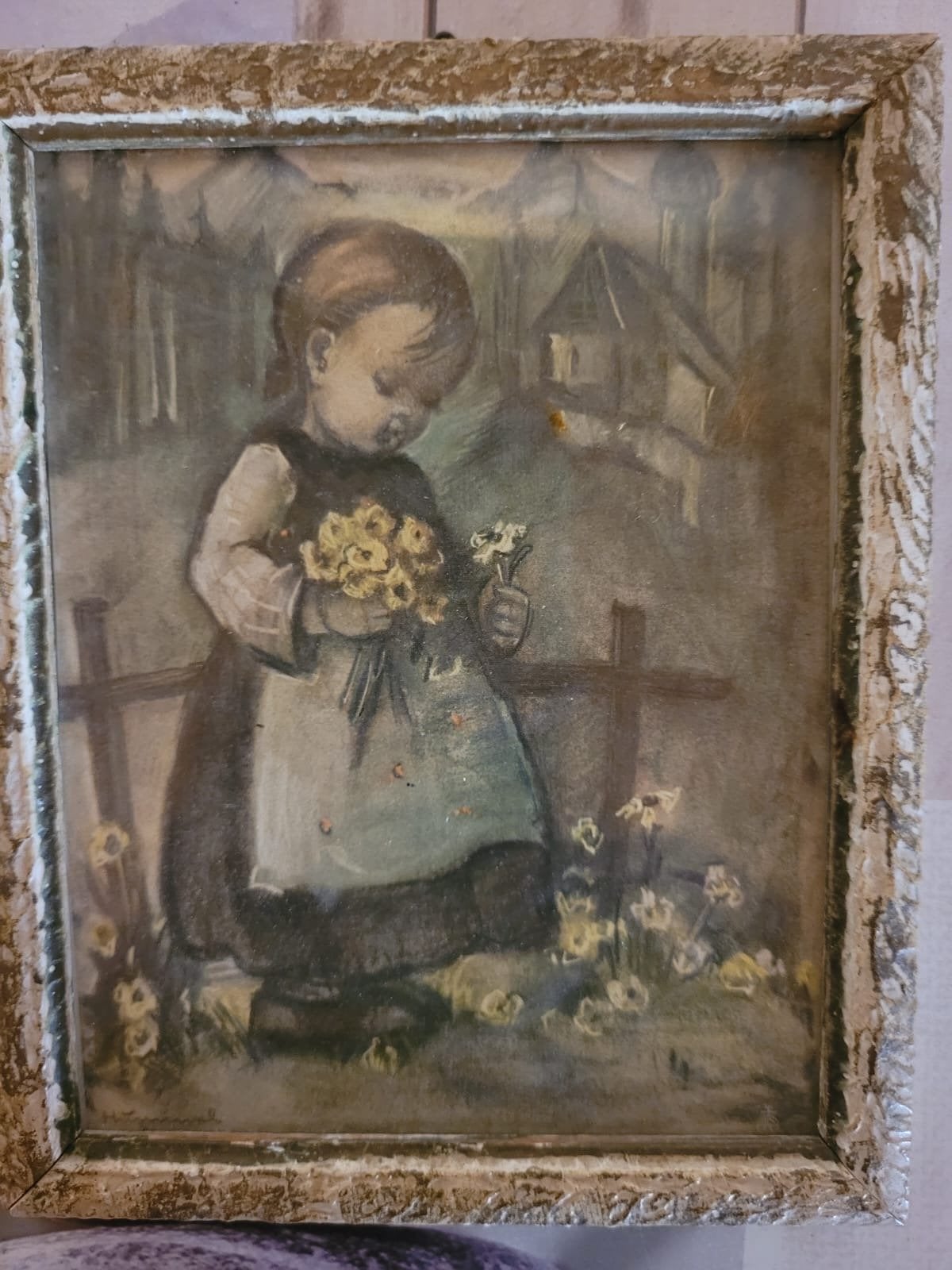 Vintage Hummel print: Meisje met bloemen, ingelijst, Antiek en Kunst, Kunst | Schilderijen | Klassiek, Ophalen, Portret of Personen