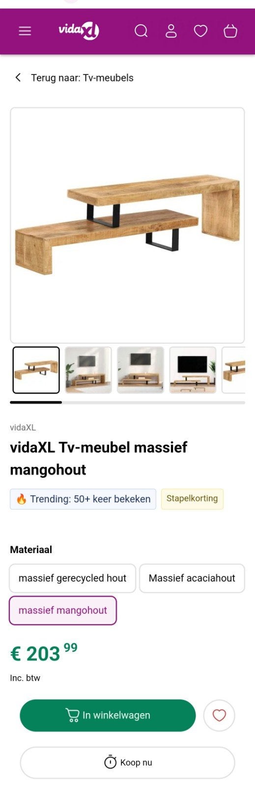 VidaXL tv meubel/sidetable van mangohout z.g.a.n., Ophalen, 150 tot 200 cm, Zo goed als nieuw, Minder dan 100 cm