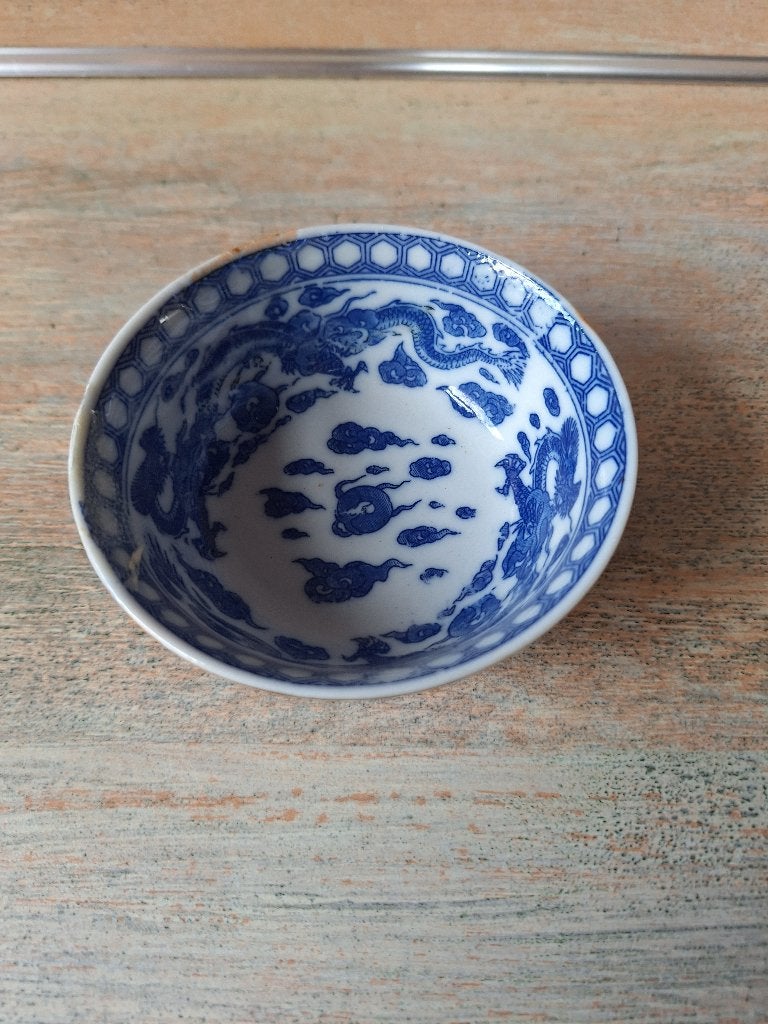 Gerestaureerde Chinese Porseleinen Drakenkom Blauw Wit, Ophalen