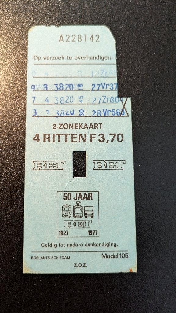 50 jaar RET 4 rittenkaart RET 2 zone  uit 1977, Ophalen of Verzenden, Gebruikt, Tram, Overige typen