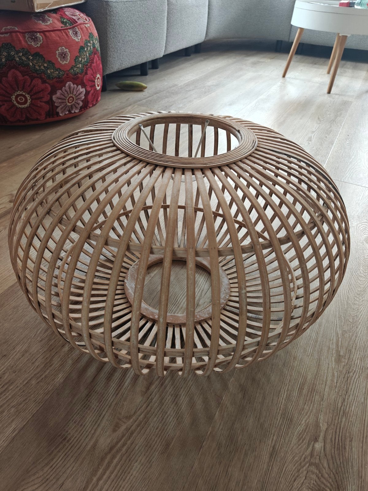 Bamboe hanglamp, doorsnee 50 cm, hoogte 32 cm., Natuurlijk materiaal, 32 cm, Rond, Zo goed als nieuw
