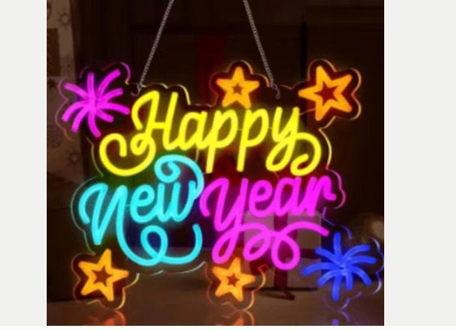 LED lamp neon stijl Happy New Year (40x32cm), Ophalen of Verzenden, Nieuw, Lichtbak of (neon) lamp