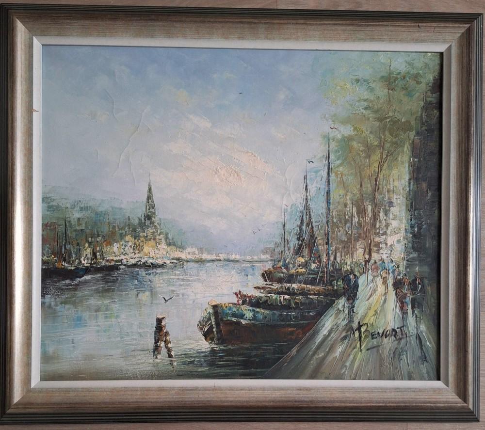 Haven - Olieverfschilderij in post-impressionistische stijl, Antiek en Kunst, Kunst | Schilderijen | Klassiek, Verzenden