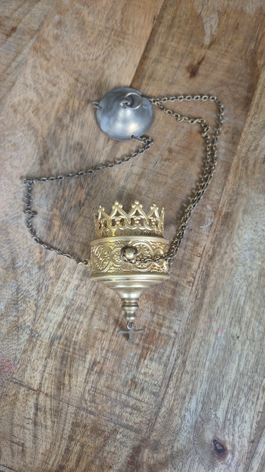 Klassieke Messing Godslamp / Kerkelijke Hanglamp met Kruisje, Ophalen