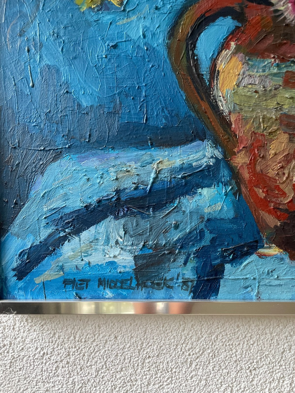 Levendig bloemstilleven van Piet Middelhoek (1987), Ophalen, Doek, Expressionistisch, Stilleven