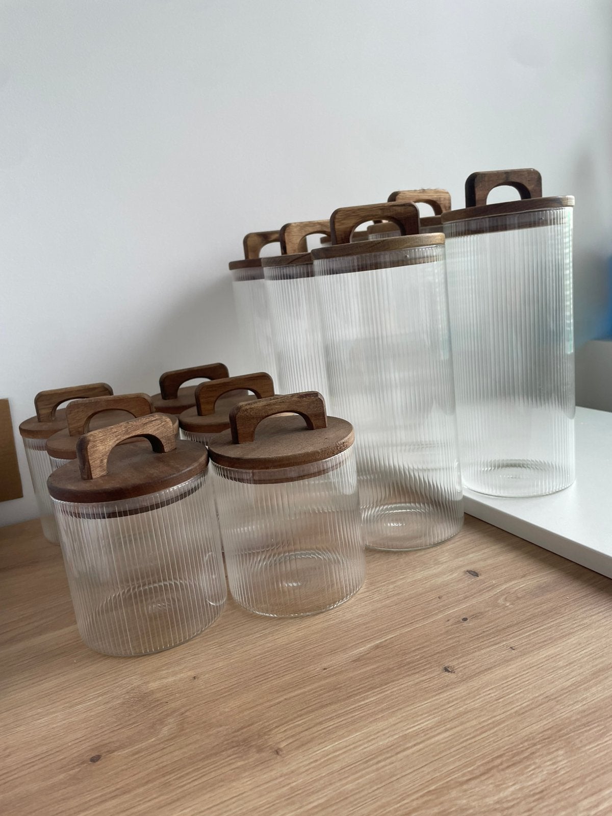 voorraadpotten met acacia houten deksel, Voorraadpot, Ophalen, Zo goed als nieuw, Glas
