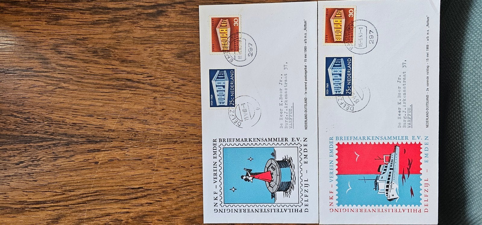 2 enveloppen 1e vaart postzegelbal Delfzijl-Emden, Verzenden, Nederland
