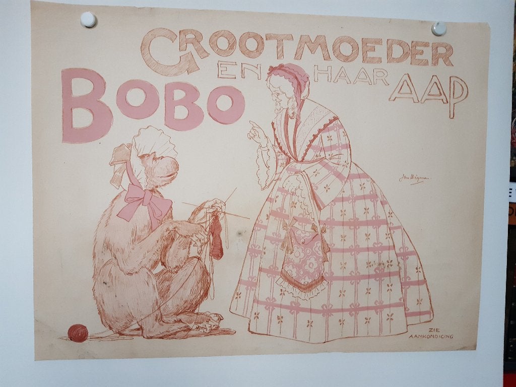 Zeer oude Poster Jan Wiegman Grootmoeder en haar aap Bobo, Gebruikt, Rechthoekig Liggend, Ophalen of Verzenden, A1 t/m A3