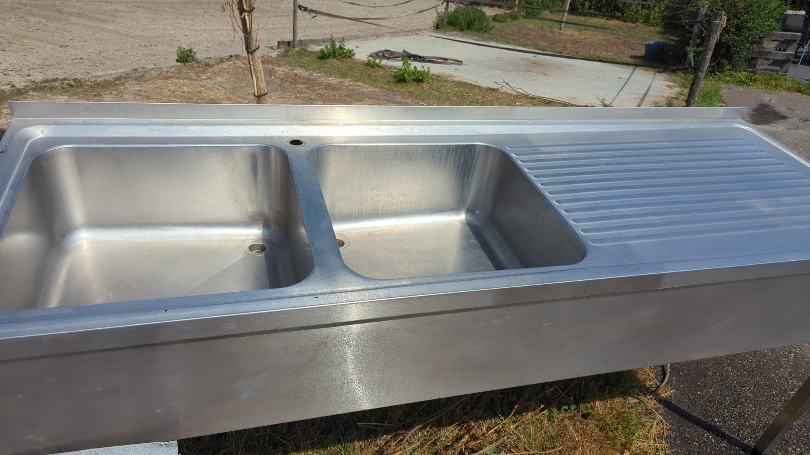 RVS Spoelbak met twee bakken en afdruiprek, Ophalen, Gebruikt, 25 tot 50 cm, Minder dan 100 cm