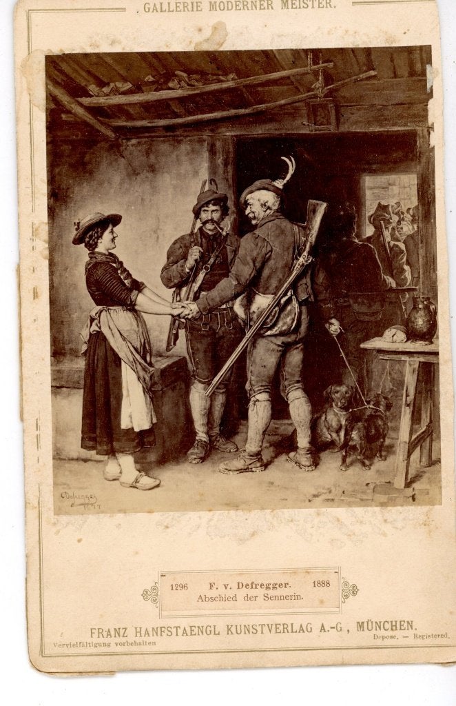 Antieke prent F. v. Defregger - Abschied der Sennerin (1888), Antiek en Kunst, Schilderij, Bruin, Ophalen of Verzenden, Papier/karton