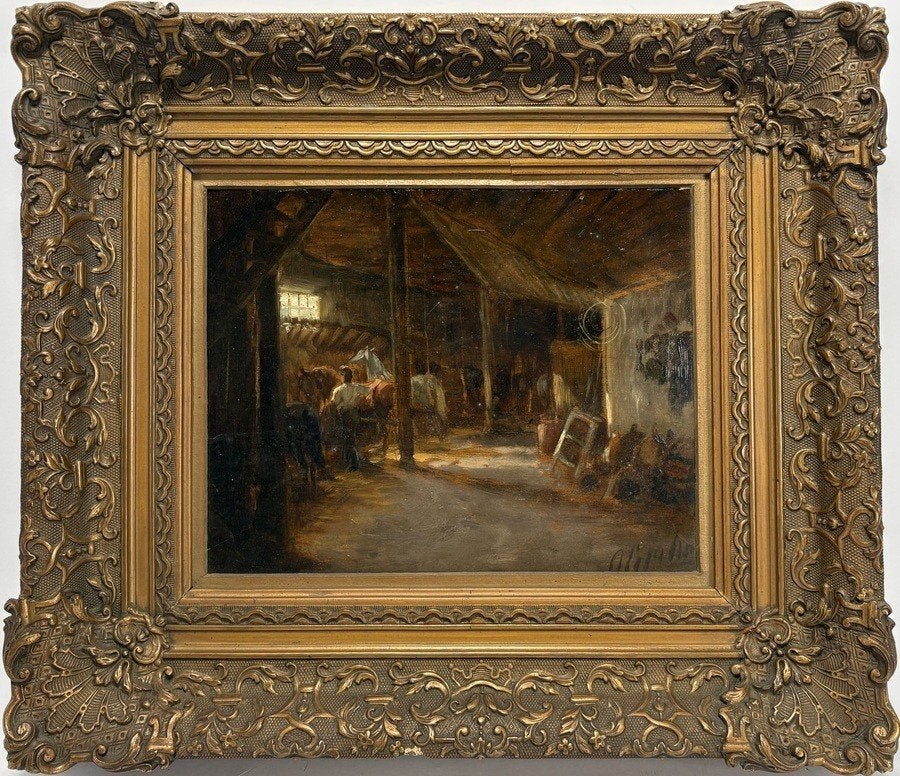 858. Olieverfschilderij – paardenstalinterieur, 19e eeuw, Antiek en Kunst, Ophalen of Verzenden, Olieverf