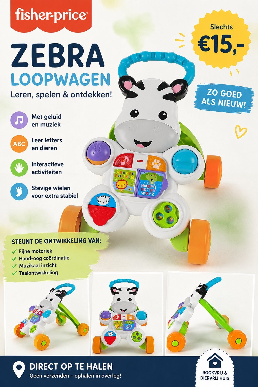 Fisher-Price Zebra Loopwagen: Leren, Spelen & Ontdekken!, Ophalen, Zo goed als nieuw, Overige typen, Met licht