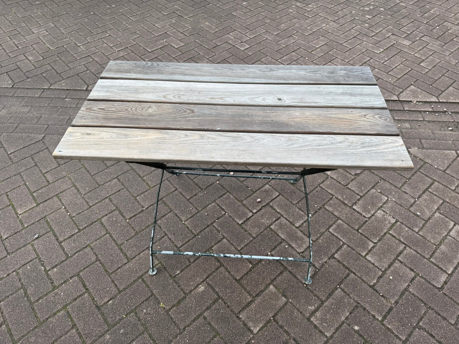 Houten tuintafel met gietijzeren opklapbaar frame, Tuin en Terras, Picknicktafels, Ophalen, Gebruikt, Inklapbaar, Rechthoekig