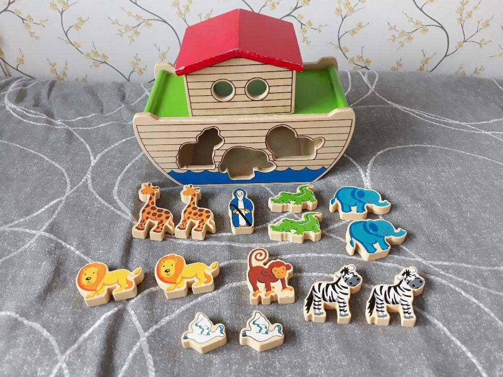 Houten speelgoed 'Ark van Noach' met boot en veel dieren, Ophalen of Verzenden, Gebruikt