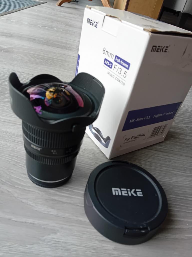 Meike 8mm F/3.5 Fisheye objectief voor Fujifilm X-mount, Ophalen of Verzenden, Zo goed als nieuw, Groothoek Fisheye-lens