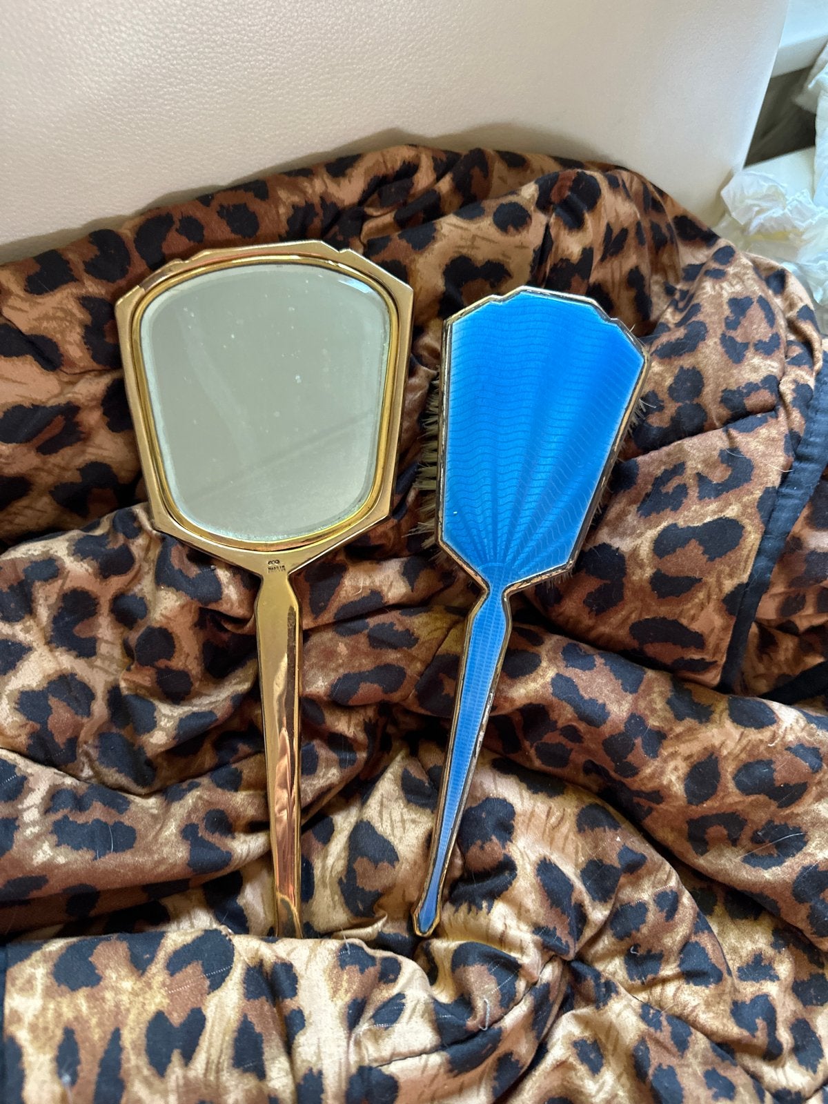 Vintage Spiegel en Borstel Set - Blauw Emaille, Ophalen