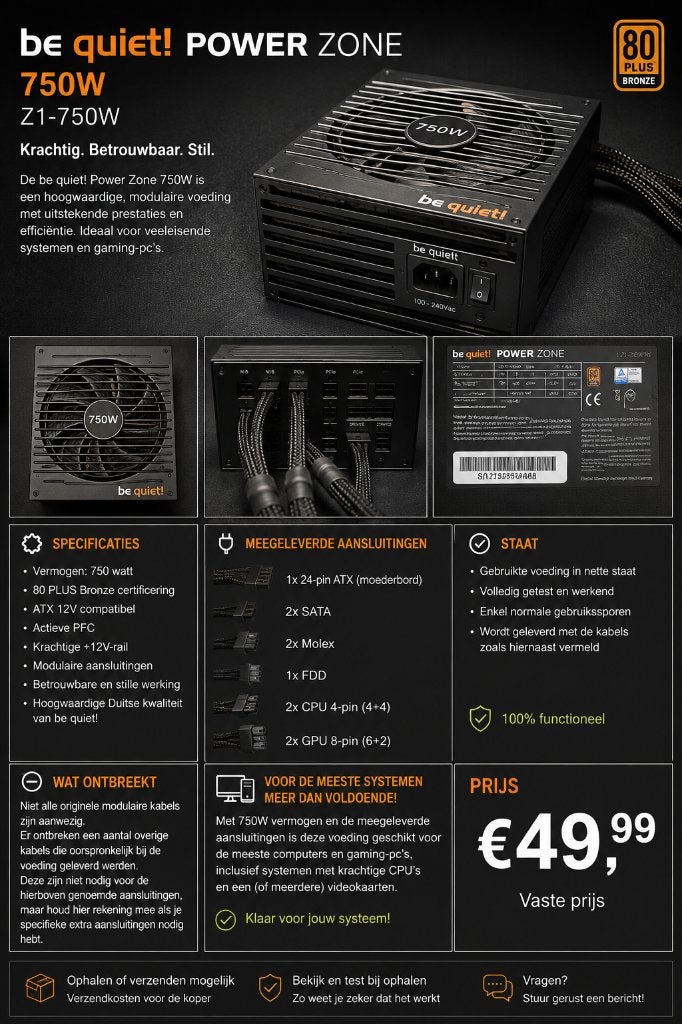 ⚡be quiet! Power Zone 750W – krachtige modulaire voeding⚡, Gebruikt, Ophalen of Verzenden, Bequiet, N.v.t