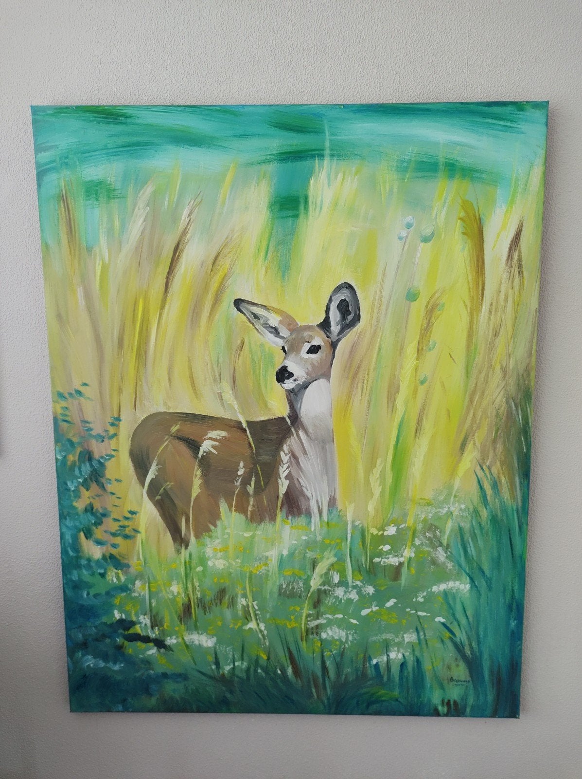 Schilderij met hert in de weide 69x89 cm., Ophalen of Verzenden