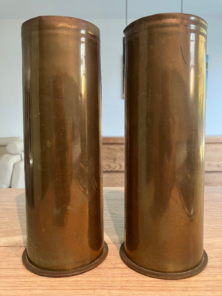 2 * Koperen Antieke Obus WOI Duitse 77mm (Granaathuls), Ophalen of Verzenden, Landmacht, Duitsland, Hulzen of Bodemvondsten