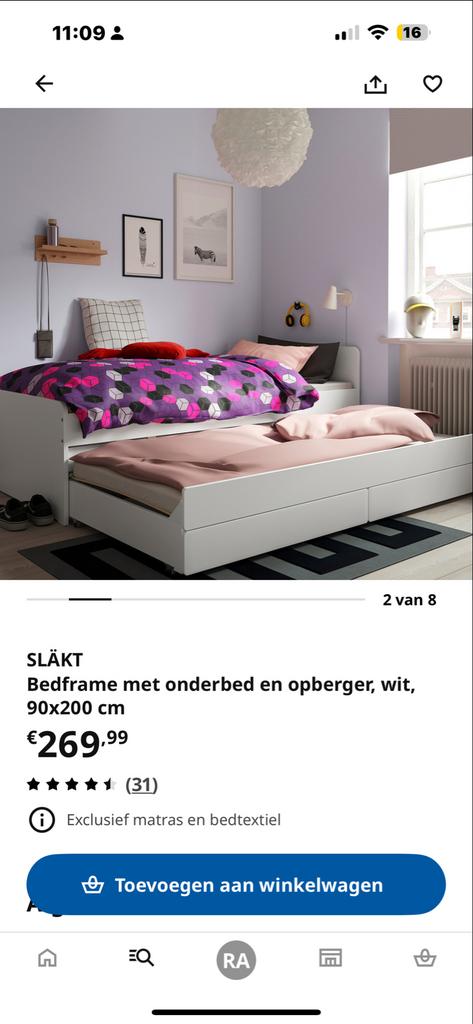Bed met onderbed en bedlades - IKEA SLÄKT, Ophalen, Gebruikt, 90 cm, Eenpersoons