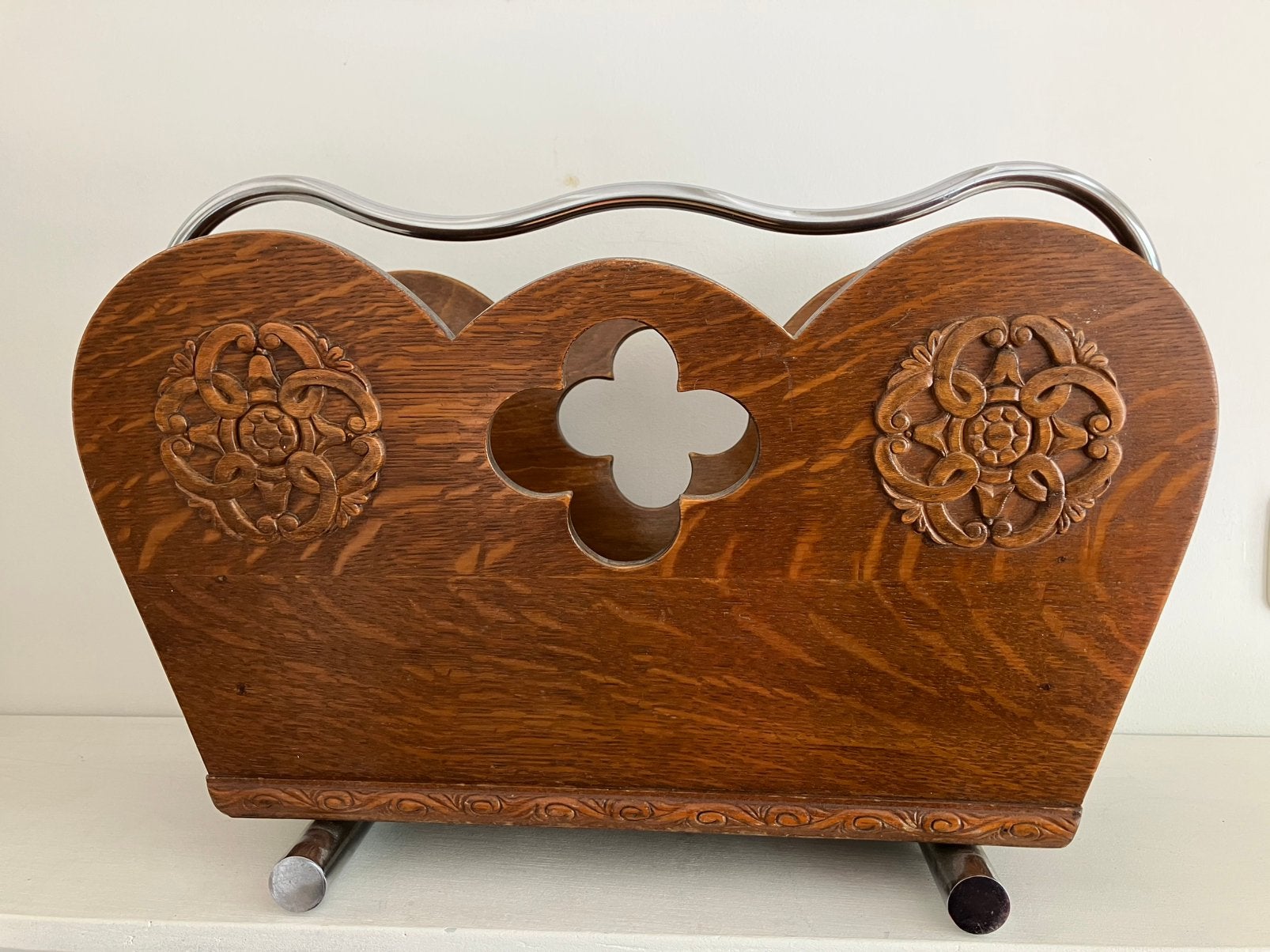 Vintage eiken lectuurbak met chromen greep – Jaren '50/'60, Huis en Inrichting, Woonaccessoires | Krantenbakken en Lectuurbakken