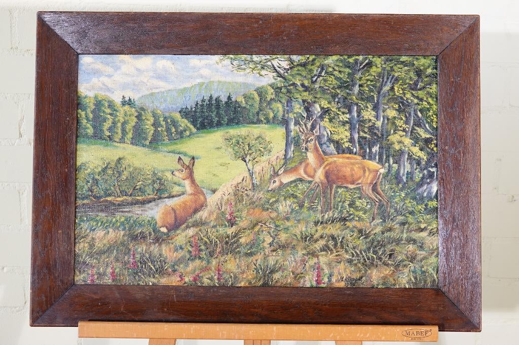 schilderij reeen in bos gesigneerd, Antiek en Kunst, Ophalen