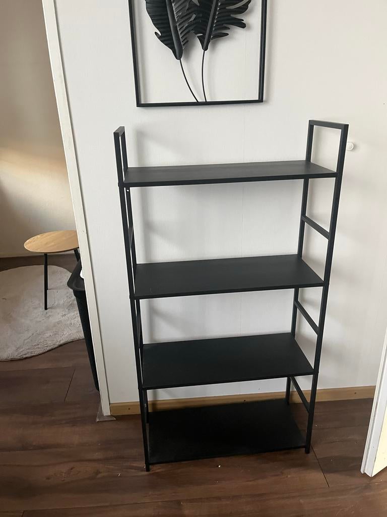 Zwart houten rek met 4 planken, Ophalen, Zo goed als nieuw