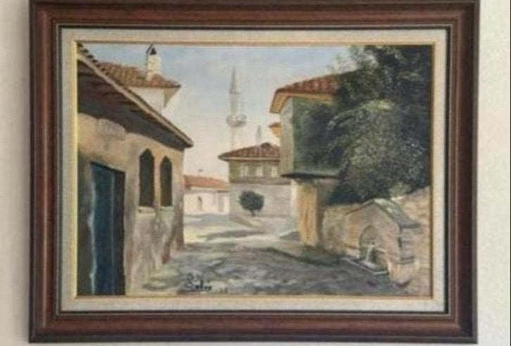 Schilderij Oosters tafereel met minaret, gesigneerd 1998, Ophalen, Doek, Realistisch, Gesigneerd
