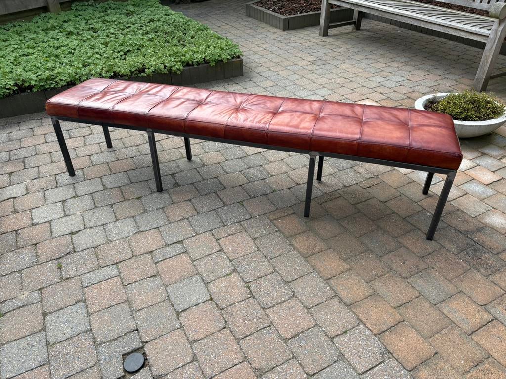 Te koop: Lange eetkamerbank , leer cognac, Gebruikt, Minder dan 75 cm, 150 tot 200 cm, Leer