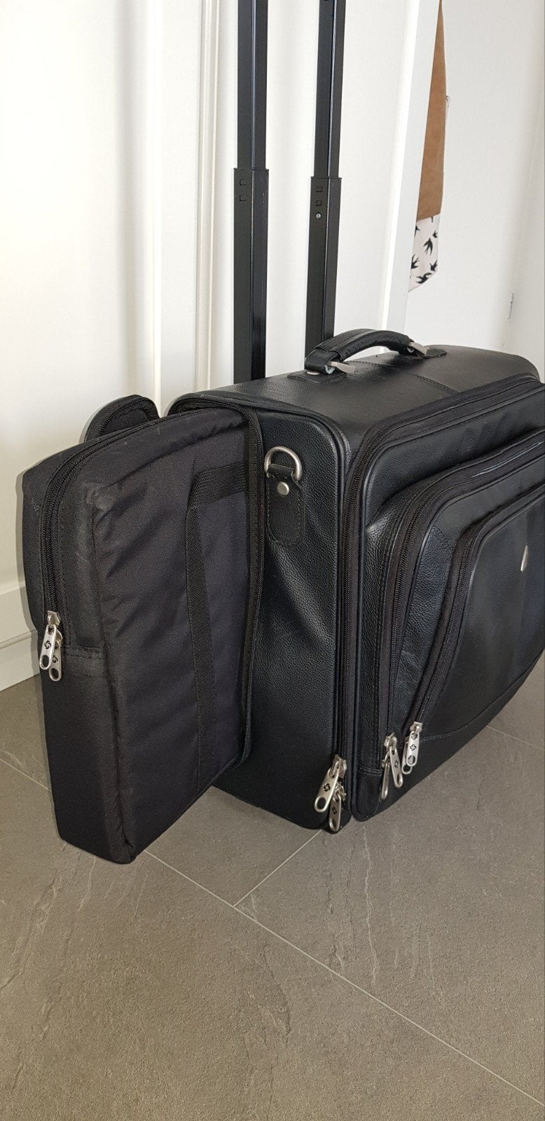 Samsonite Leder Reis/Business Koffer Zwart - Zeer Goede St, 40 tot 60 cm, Wieltjes, 20 tot 30 cm, Zwart