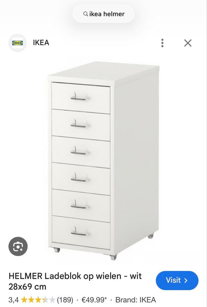 IKEA HELMER Ladeblok op wielen - wit, Ophalen, Minder dan 50 cm, 5 laden of meer, Zo goed als nieuw