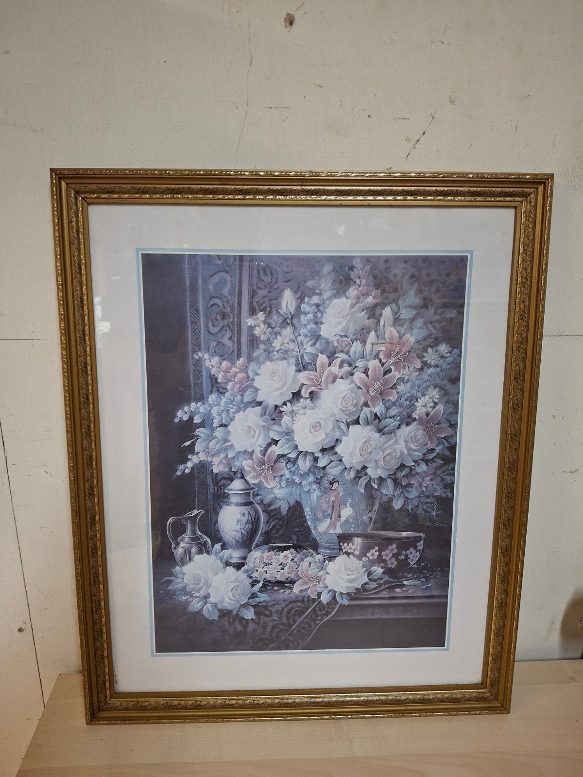 Ingelijste bloemenprint - Romantische rozen en lelies, Ophalen, Gebruikt