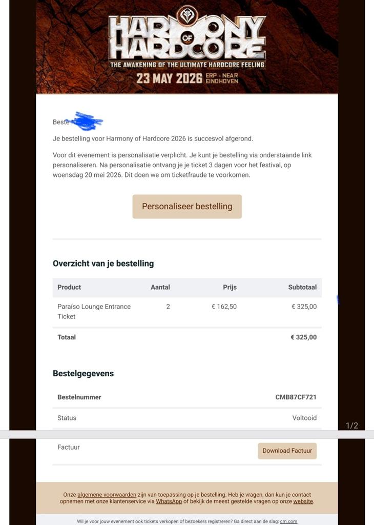 2 x vip tickets harmony of hardcore, Tickets en Kaartjes, Recreatie | Dierentuinen, Twee personen, Ticket of Toegangskaart