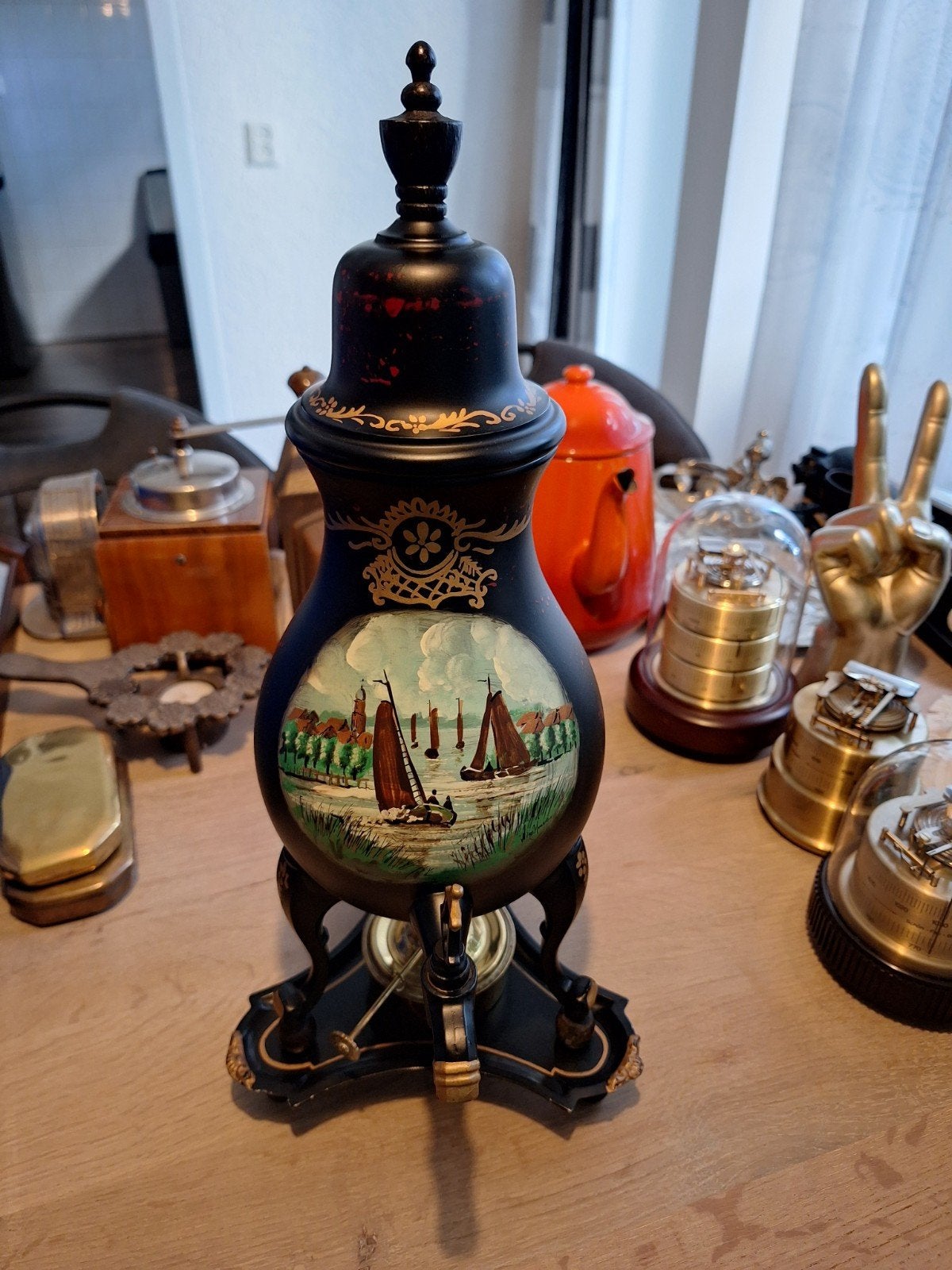 Antieke olielamp met maritieme schildering, Ophalen