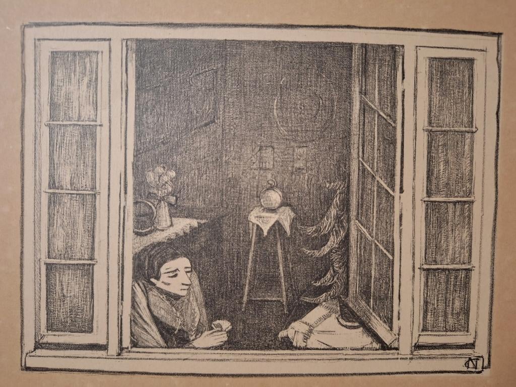 Lithografie: Vrouw kijkt uit raam cambier v Nooten, Antiek en Kunst, Ophalen of Verzenden