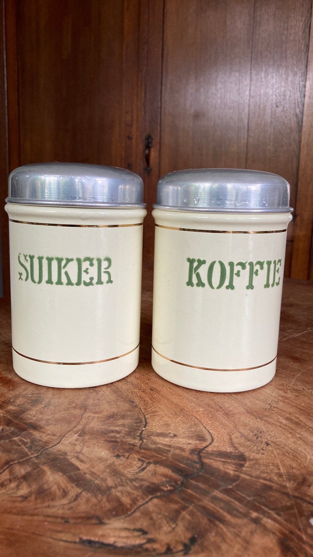 2 antieke emaille voorraad bussen suiker en koffie creme, Ophalen of Verzenden