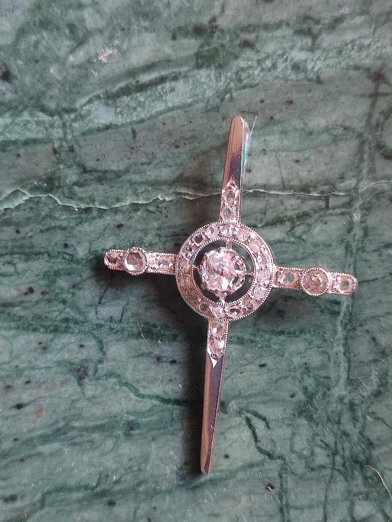 Antieke goud/platinum kruis met diamanten, Ophalen of Verzenden, Goud, Hanger, Met edelsteen
