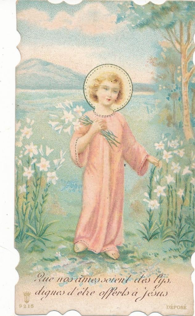 2 Mooie oude prentjes van Kind Jezus met bloemen, Verzenden, Zo goed als nieuw, Kaart of Prent, Christendom | Katholiek