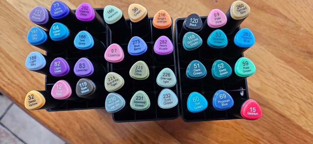 36 driehoekige twinmarkers/alcoholmarkers € 0,25 per stuk, Ophalen of Verzenden, Zo goed als nieuw, Potlood of Stift