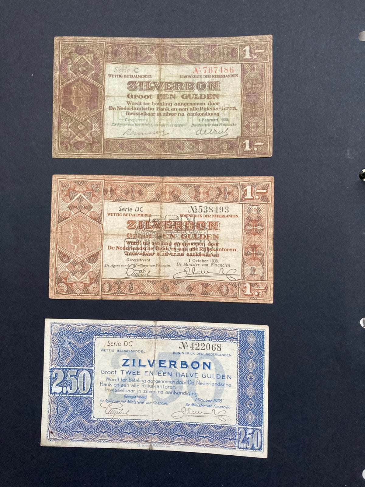 3 Zilverbonnen gebruikt 1920 en 1938, Ophalen of Verzenden, 1 gulden, Setje