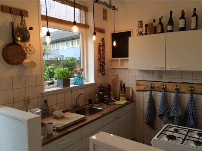 Industriële 4-lichts hang lamp, Huis en Inrichting, Lampen | Hanglampen, Ophalen, Gebruikt