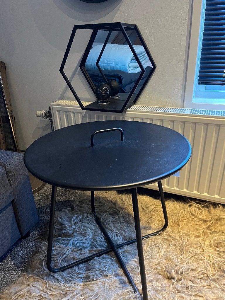 Stoer set Spiegelrek en Bijzettafel zwart, Huis en Inrichting, Tafels | Bijzettafels, Minder dan 55 cm, Metaal of Aluminium, Rond